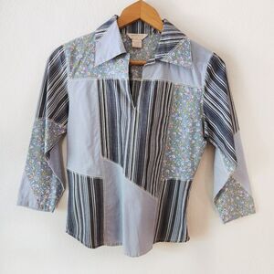 ANTILIA 3/4 Sleeve Floral Stripe Patchwork V-Neck Blouse Top Sz S Cottagecore
